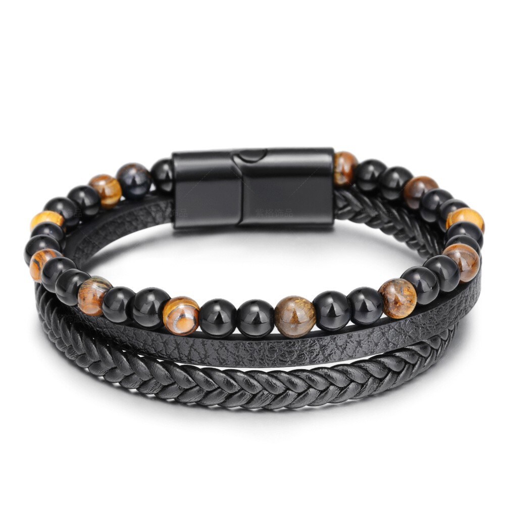 1 Piece Daily Style Bead Shape Leather Inlay Natural Stone Men's Bracelet h5 